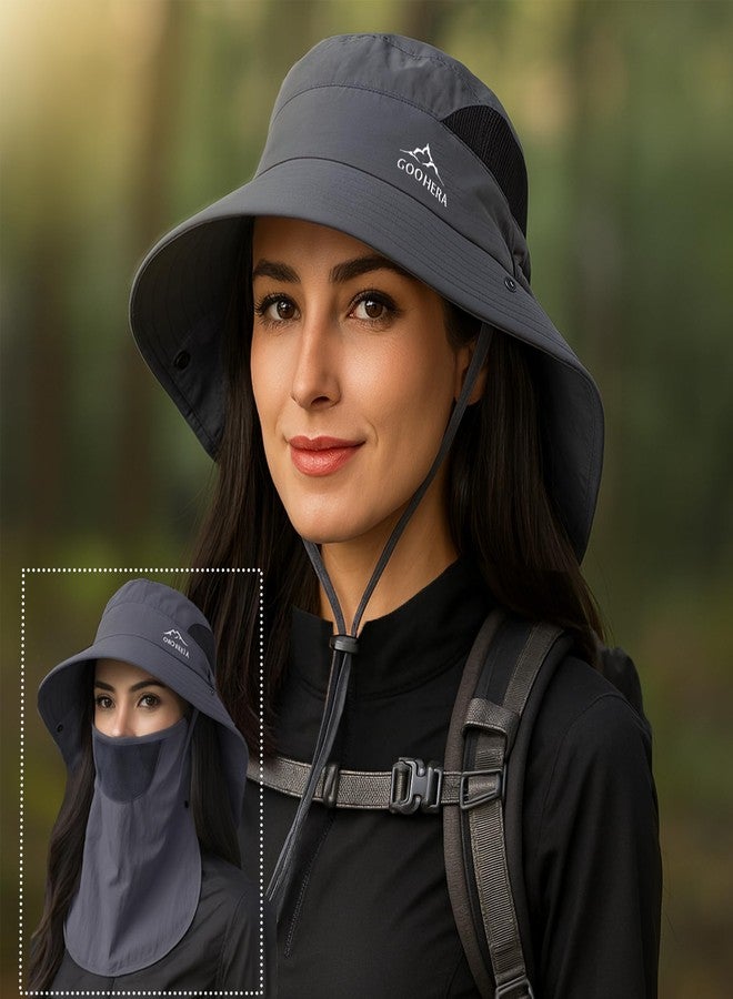 GOOHERA Sun Hat for Men & Women, Breathable Wide Brim Outdoor Fishing Hat with Face Cover & Neck Flap, UV Protection Summer Safari Hat - Dark Gray - Image 3